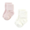 Chenille baby socks in pink and white, featuring a soft, fuzzy texture and fold-over cuffs, perfect for comfort.