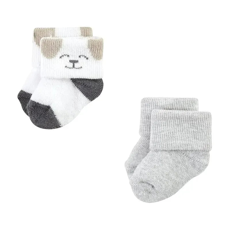 Baby Vision Grow With Me Socks set featuring a dog-themed design and a solid gray pair, suitable for infants.