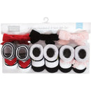 Six-piece headband and sock gift set for baby girls, featuring red, pink, and black colors with various bow designs.