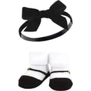 Red pink headband with a black bow and matching striped baby socks. Ideal gift set for baby girls.