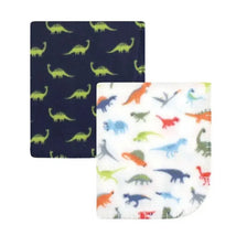 Fleece blankets for infants featuring colorful dinosaur prints on a navy blue and white background.