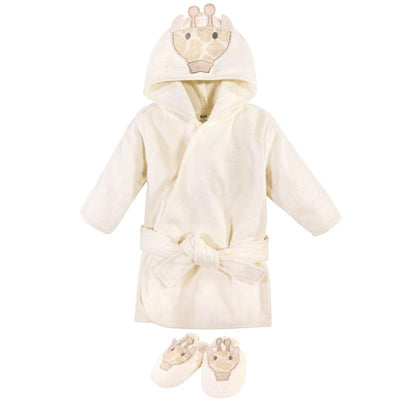 Unisex baby bathrobe in cream color with giraffe face on the hood, includes matching giraffe slippers. One size.