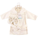 Cotton bathrobe set for babies featuring a modern giraffe design, includes matching slippers and a belt.