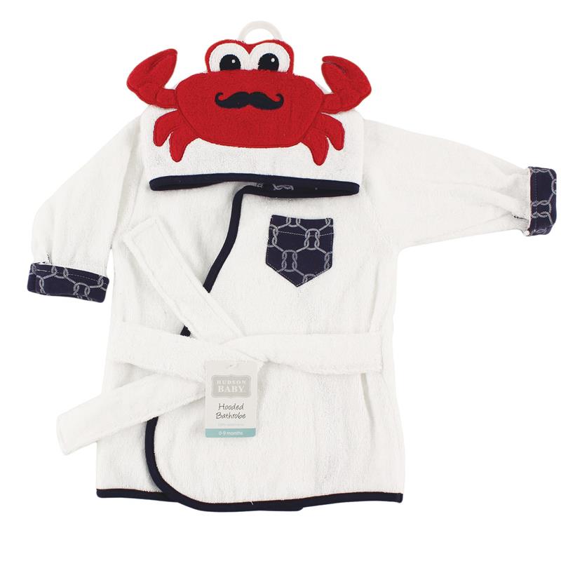 Unisex baby cotton bathrobe in white with crab-themed hood and navy trim, featuring a front pocket and belt.