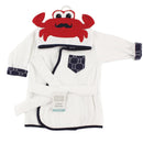Unisex baby cotton bathrobe in white with crab-themed hood and navy trim, featuring a front pocket and belt.