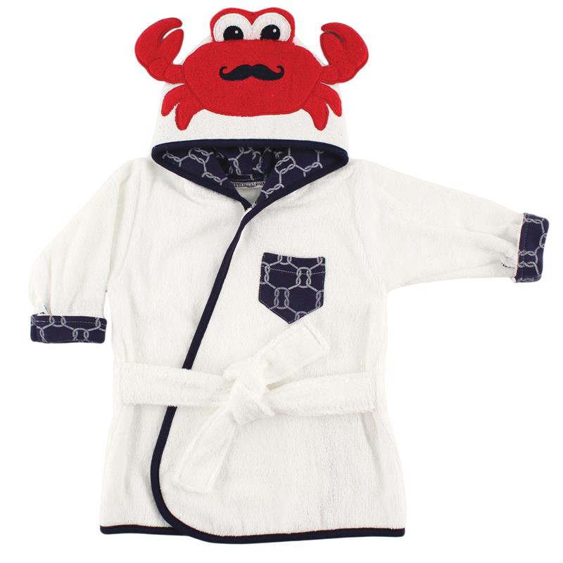 Unisex baby bathrobe featuring a crab design hood, white terry cloth fabric, and navy accents with a pocket.