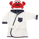 Unisex baby bathrobe featuring a crab design hood, white terry cloth fabric, and navy accents with a pocket.