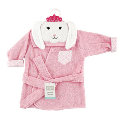 Unisex pink cotton bathrobe for babies, featuring a rabbit face hood and decorative ears, with a pocket.