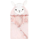 Hooded towel designed as a pink llama with ears, ideal for drying and wrapping babies after baths.