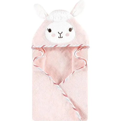 Hooded towel designed as a pink llama with ears, ideal for drying and wrapping babies after baths.