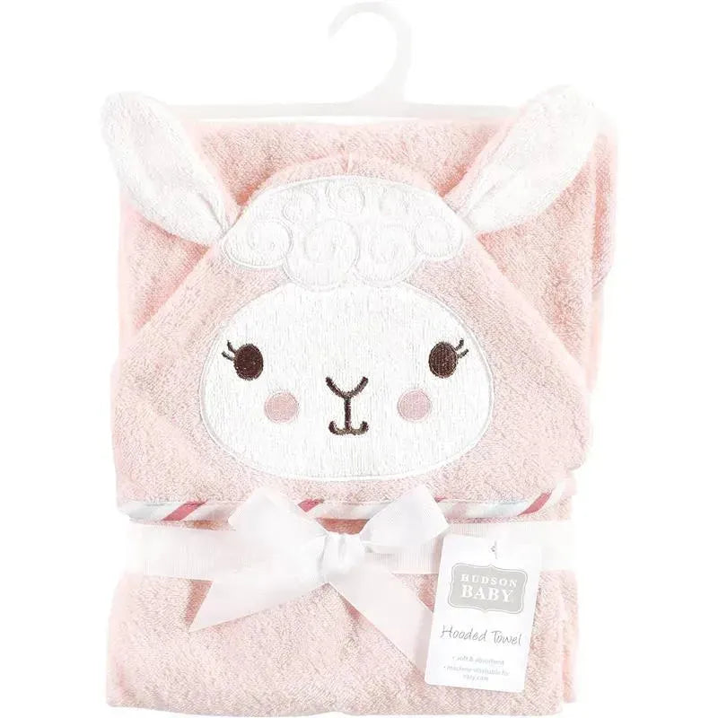 Hooded pink llama towel by Hudson Baby, featuring a cute animal face design and tied with a white bow.