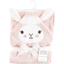 Hooded pink llama towel by Hudson Baby, featuring a cute animal face design and tied with a white bow.