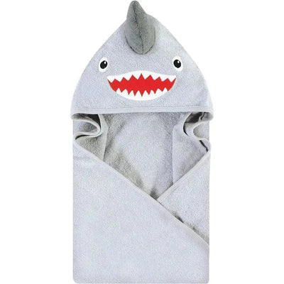Hooded shark towel for babies features a soft gray design with a smiling face and red teeth, ideal for post-bath use.