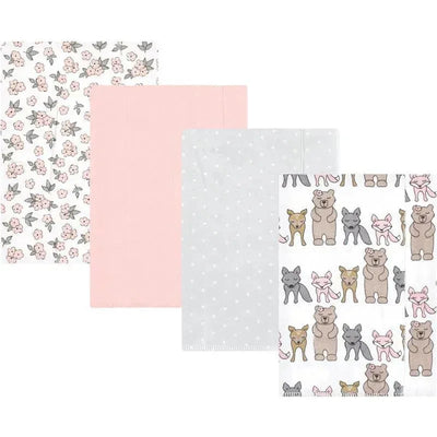 Unisex baby cotton flannel burp cloths featuring floral, solid pink, polka dots, and animal prints in a 4-pack.
