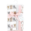 Baby Vision Hudson Baby unisex cotton flannel burp cloths 4-pack in Wild Forest Pink, featuring animal prints and a bow.