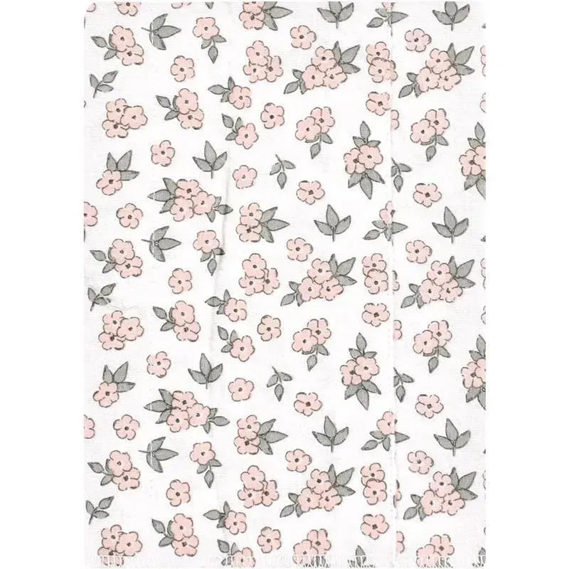 Cotton flannel burp cloth featuring a floral pattern with pink flowers and green leaves on a white background.
