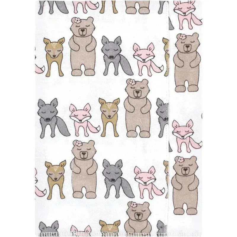 Cotton flannel burp cloth featuring playful animal designs, including bears, foxes, and deer in soft colors.