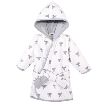 Unisex baby bathrobe in cotton with gray elephant patterns and a hood, featuring a tie belt.