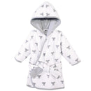 Unisex baby bathrobe in cotton with gray elephant patterns and a hood, featuring a tie belt.