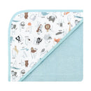 Hooded towel with a soft blue terry cloth backing and an alphabet-themed print featuring various cute animals.