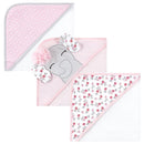 Set of three unisex baby cotton hooded towels featuring a cute elephant design with floral patterns and a polka dot print.