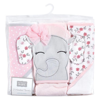 Hooded towel set featuring a floral elephant design, includes three soft and absorbent towels in pink and white.