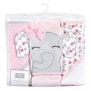 Hooded towel set featuring a floral elephant design, includes three soft and absorbent towels in pink and white.