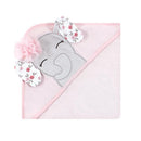 Hooded baby towel with floral elephant design, pink trim, and decorative bow, suitable for infants.