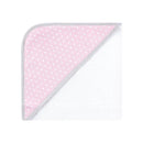 Hooded baby towel with a pink polka dot design and white terry fabric, ideal for drying infants after bath time.