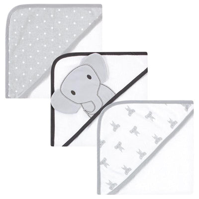 Three gray hooded baby towels featuring modern elephant designs, suitable for infants and toddlers.