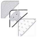 Three gray hooded baby towels featuring modern elephant designs, suitable for infants and toddlers.