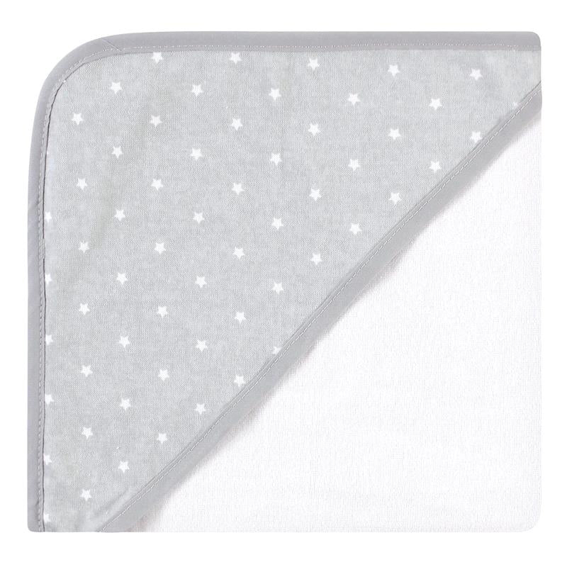 Gray hooded towel with a star pattern lining, designed for babies, featuring cotton-rich material.