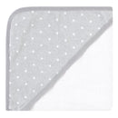 Gray hooded towel with a star pattern lining, designed for babies, featuring cotton-rich material.