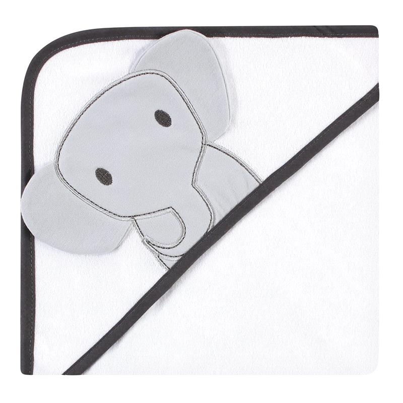 Gray hooded towel featuring a cute elephant design, made from cotton-rich material, ideal for babies.