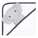 Gray hooded towel featuring a cute elephant design, made from cotton-rich material, ideal for babies.