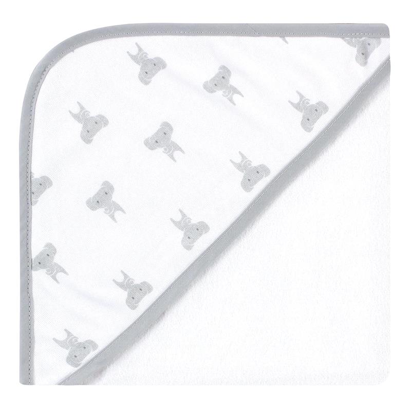 Gray hooded baby towel featuring a modern elephant pattern, made of cotton-rich material, one size.