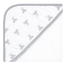 Gray hooded baby towel featuring a modern elephant pattern, made of cotton-rich material, one size.