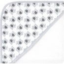 Hooded baby towel with gray elephant prints and white dots, designed for drying and keeping infants cozy.