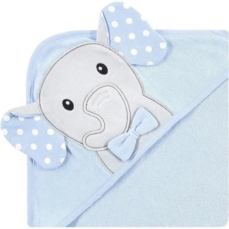 Unisex baby hooded towel in light blue with gray elephant design featuring polka dot ears and a bow tie.