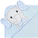 Unisex baby hooded towel in light blue with gray elephant design featuring polka dot ears and a bow tie.