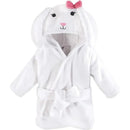 Unisex white plush bunny bathrobe for babies featuring a hood with ears and a pink bow.