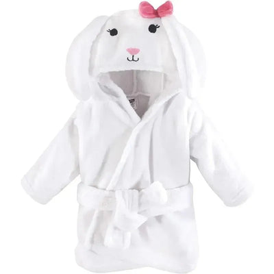 Unisex white plush bunny bathrobe for babies featuring a hood with ears and a pink bow.