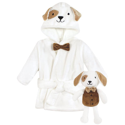 Unisex baby plush bathrobe in white, featuring a dog design and a matching plush toy with a brown bow tie.