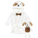 Unisex baby plush bathrobe in white, featuring a dog design and a matching plush toy with a brown bow tie.