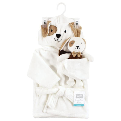 Unisex baby plush bathrobe with dog design and matching plush toy, both in soft white fabric.