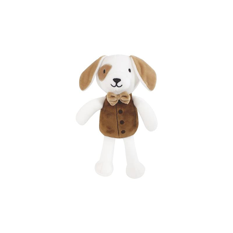 Plush dog toy wearing a brown vest and bow tie, designed for babies as part of the Hudson Baby bathrobe set.