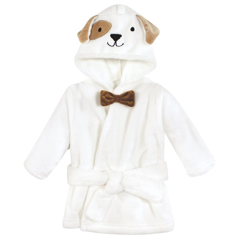 Unisex baby plush bathrobe featuring a dog face hood and a brown bow tie, suitable for bath time.