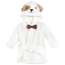 Unisex baby plush bathrobe featuring a dog face hood and a brown bow tie, suitable for bath time.