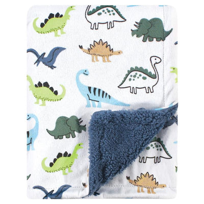 Unisex baby blanket featuring a playful dinosaur pattern in various colors with plush mink and sherpa sides.