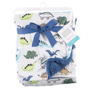 Unisex Baby Plush Mink and Sherpa Blanket featuring colorful dinosaur patterns, secured with a blue ribbon.